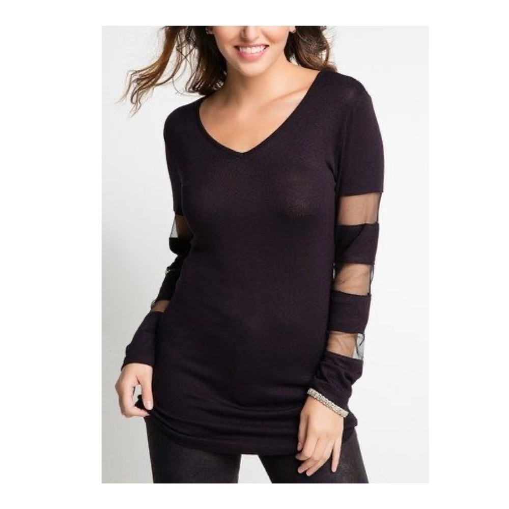 MILAN KISS Black Sheer Mesh Stripe V-Neck Long Sleeve Top